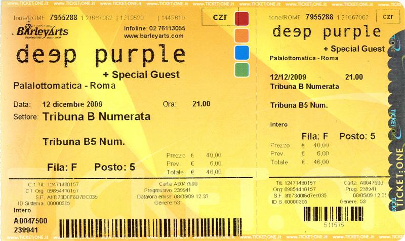 Deep Purple a Roma: Biglietto d'ingresso 2009